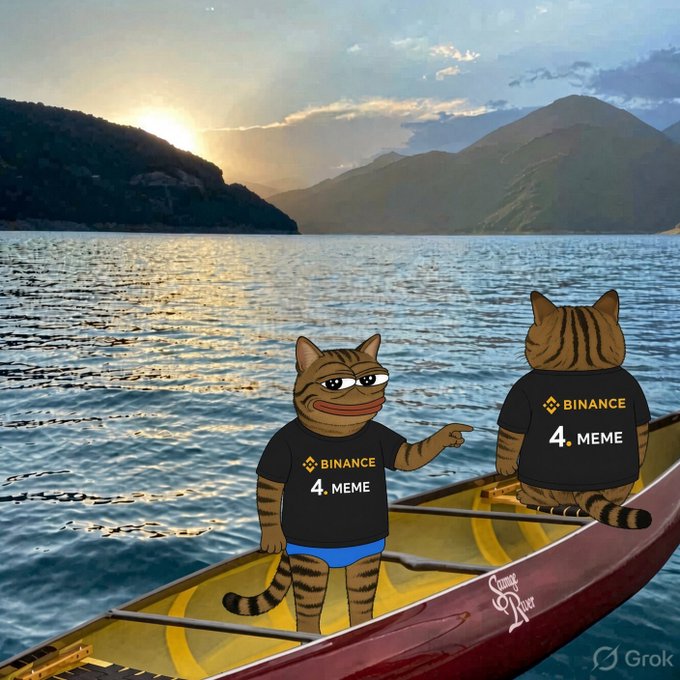 Two cartoon cats in crypto shirts canoeing at sunset