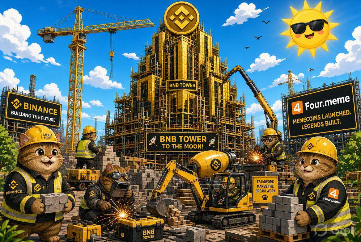 Cartoon cats building a gold BNB-themed tower