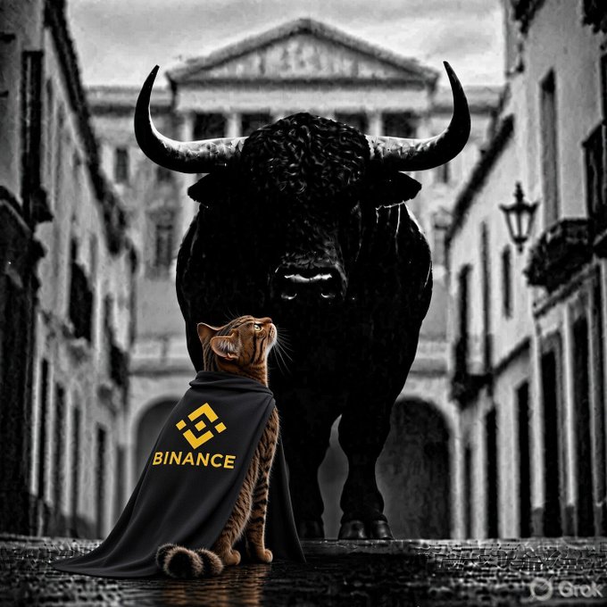 Cat in a cape facing a bull statue